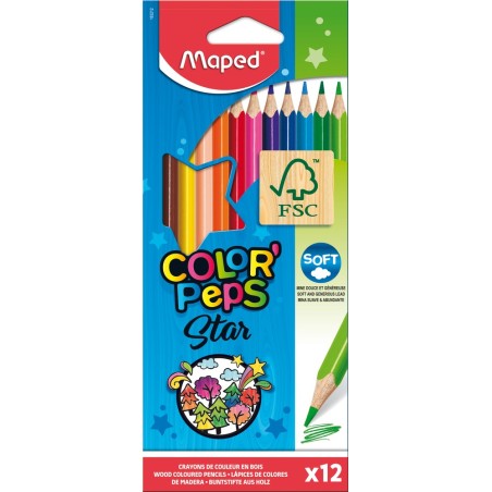 Crayons de Couleur STAR Color'Peps - 12 Crayons de Coloriage Ultra-résistants et Ergonomique  Maped
