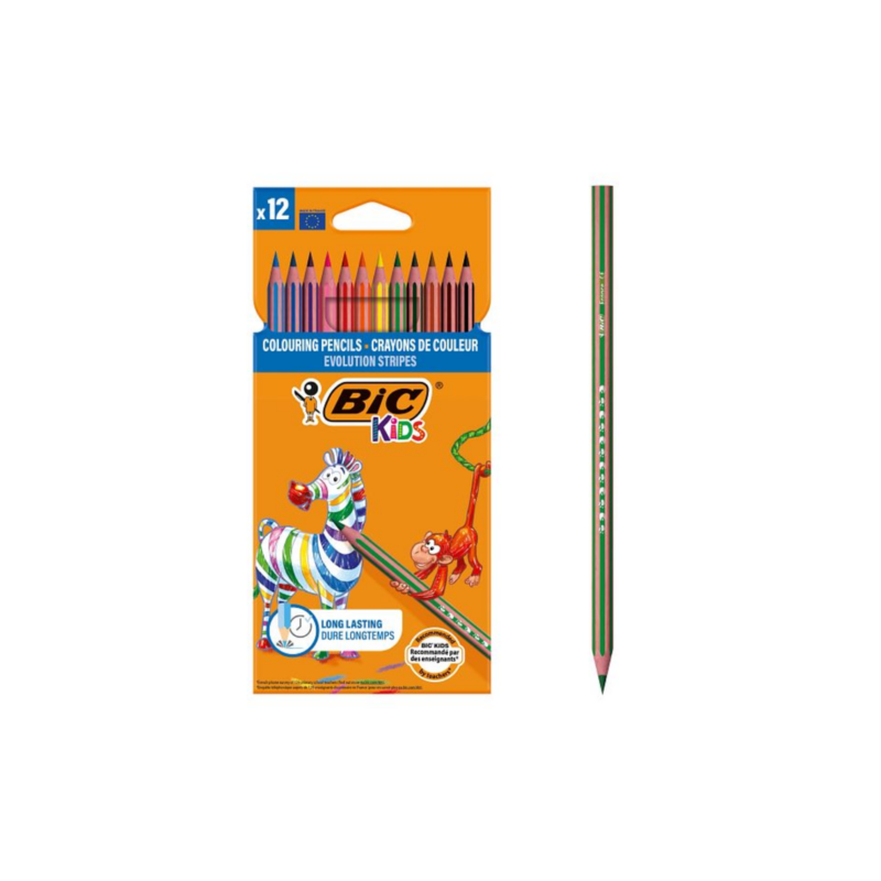 BIC Kids Evolution Stripes Crayons de Couleur - Couleurs Assorties, Pack de 12