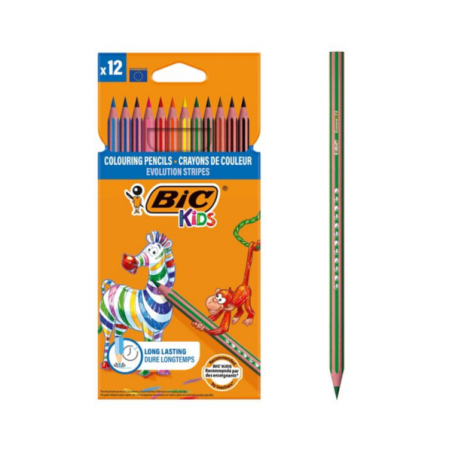 BIC Kids Evolution Stripes Crayons de Couleur - Couleurs Assorties, Pack de 12