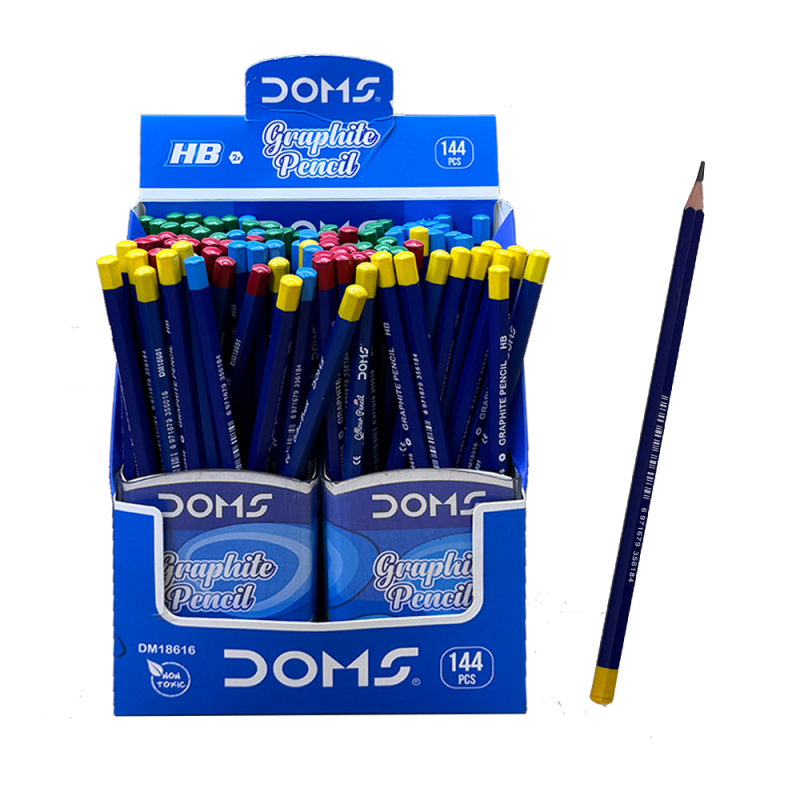 Crayon ordinaire, corps hexagonal bleu, mine HB, design contrasté. DOMS