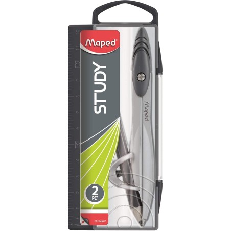 Coffret Compas Study à Bague Universelle - Branches en Métal - Boîtier avec Règle Intégrée